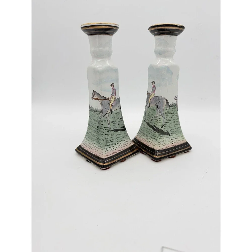 Vintage Chinese Equestrian Hand-Painted Porcelain Candle Holder by Nieman Marcus